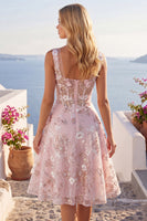 Laden Sie das Bild in den Galerie-Viewer, A-Linien Rosa Korsett Blumen Kurzes Abendkleid mit quadratem Ausschnitt