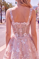 Laden Sie das Bild in den Galerie-Viewer, A-Linien Rosa Korsett Blumen Kurzes Abendkleid mit quadratem Ausschnitt