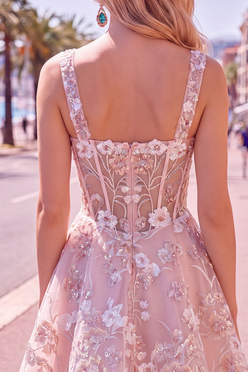 Laden Sie das Bild in den Galerie-Viewer, A-Linien Rosa Korsett Blumen Kurzes Abendkleid mit quadratem Ausschnitt
