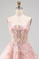 Laden Sie das Bild in den Galerie-Viewer, A-Linien Rosa Korsett Blumen Kurzes Abendkleid mit quadratem Ausschnitt