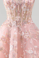 Laden Sie das Bild in den Galerie-Viewer, A-Linien Rosa Korsett Blumen Kurzes Abendkleid mit quadratem Ausschnitt