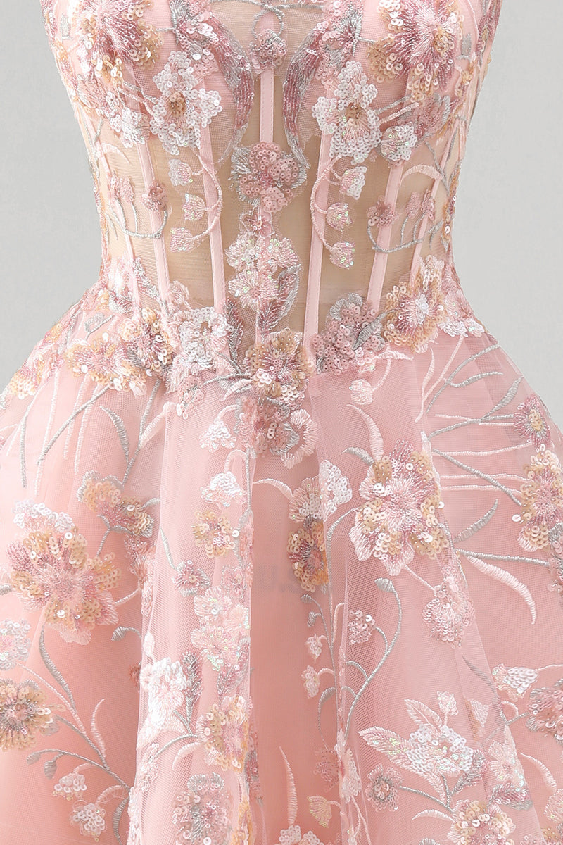 Laden Sie das Bild in den Galerie-Viewer, A-Linien Rosa Korsett Blumen Kurzes Abendkleid mit quadratem Ausschnitt