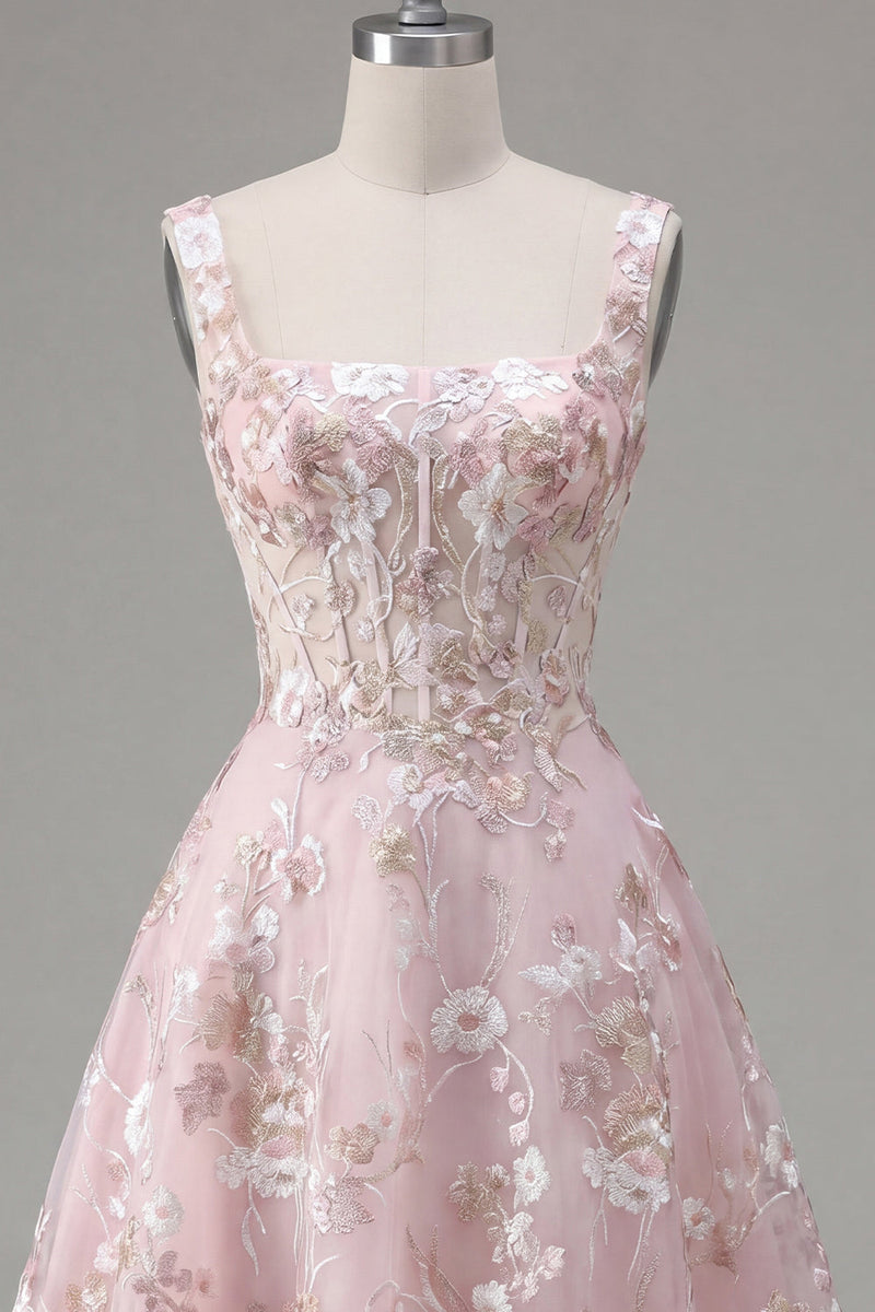 Laden Sie das Bild in den Galerie-Viewer, A-Linien Rosa Korsett Blumen Kurzes Abendkleid mit quadratem Ausschnitt