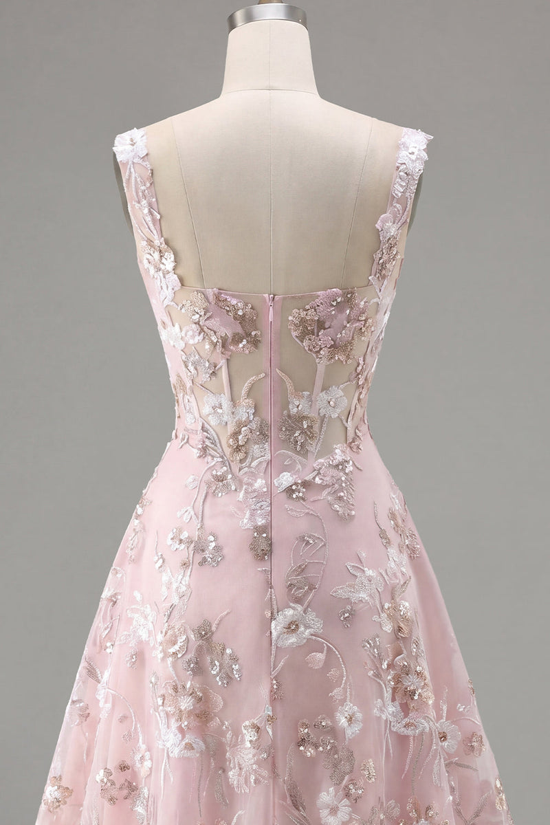 Laden Sie das Bild in den Galerie-Viewer, A-Linien Rosa Korsett Blumen Kurzes Abendkleid mit quadratem Ausschnitt