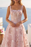 Laden Sie das Bild in den Galerie-Viewer, A-Linien Rosa Korsett Blumen Kurzes Abendkleid mit quadratem Ausschnitt