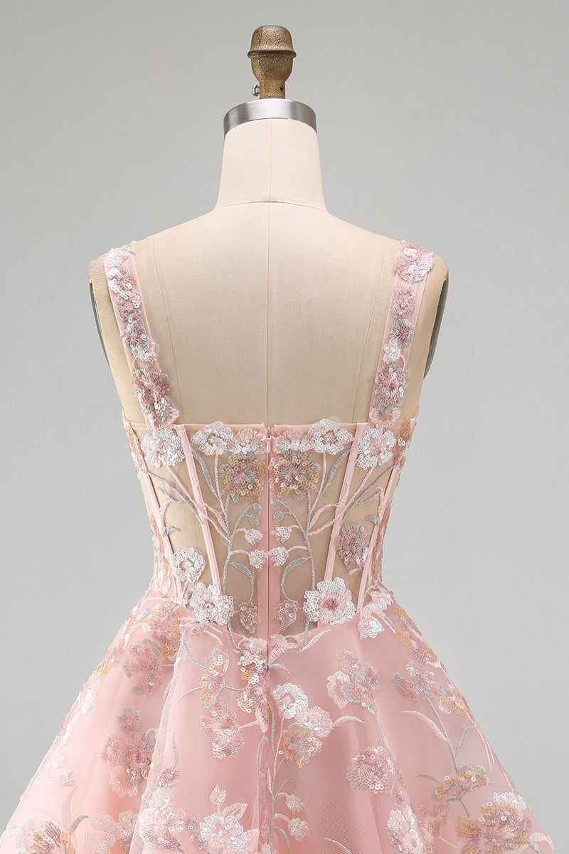 Laden Sie das Bild in den Galerie-Viewer, A-Linien Rosa Korsett Blumen Kurzes Abendkleid mit quadratem Ausschnitt