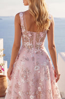 Laden Sie das Bild in den Galerie-Viewer, A-Linien Rosa Korsett Blumen Kurzes Abendkleid mit quadratem Ausschnitt