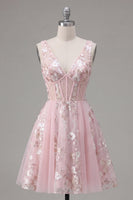 Laden Sie das Bild in den Galerie-Viewer, A-Linie V-Ausschnitt Pinkes Korsett Floral Kurzes Abendkleid