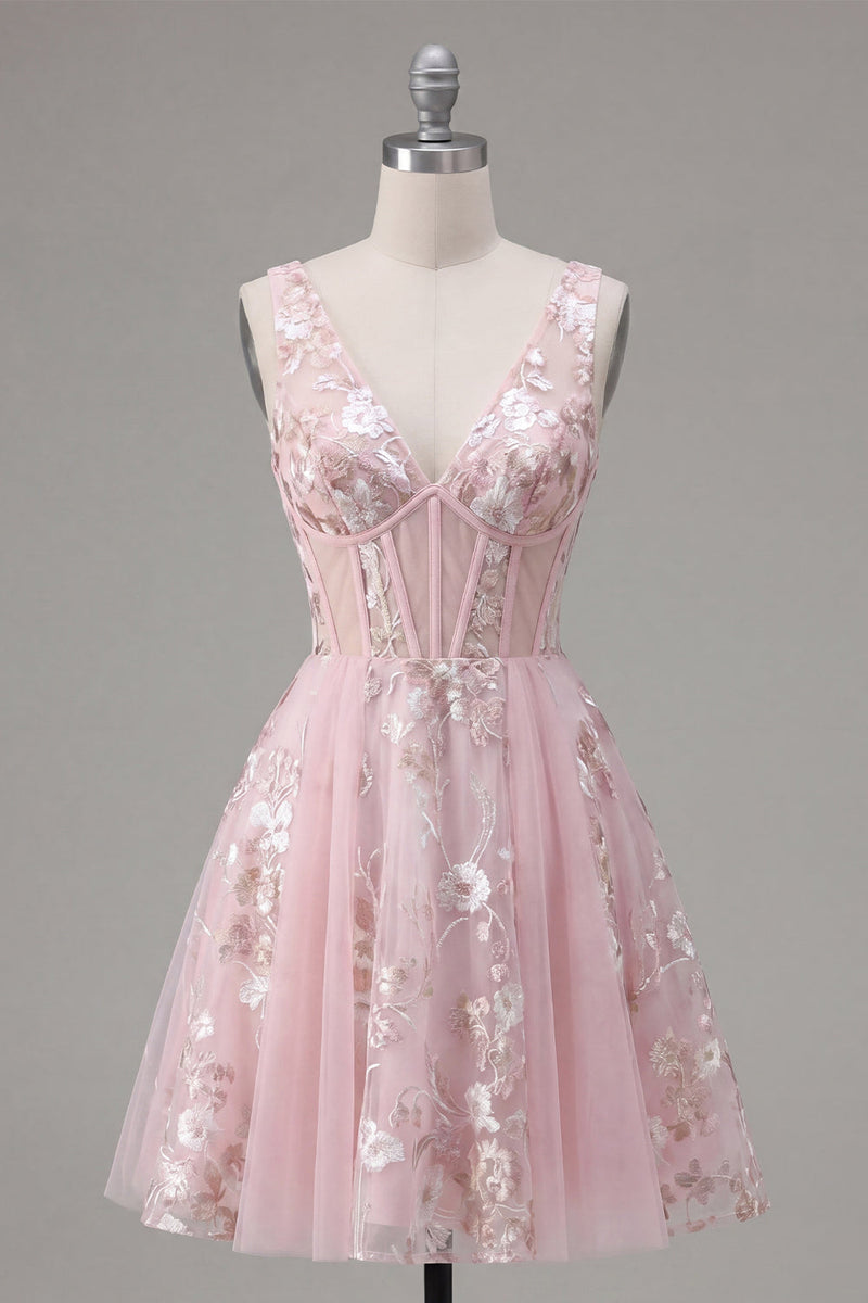 Laden Sie das Bild in den Galerie-Viewer, A-Linie V-Ausschnitt Pinkes Korsett Floral Kurzes Abendkleid
