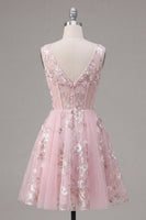 Laden Sie das Bild in den Galerie-Viewer, A-Linie V-Ausschnitt Pinkes Korsett Floral Kurzes Abendkleid