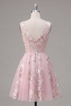 A-Linie V-Ausschnitt Pinkes Korsett Floral Kurzes Abendkleid