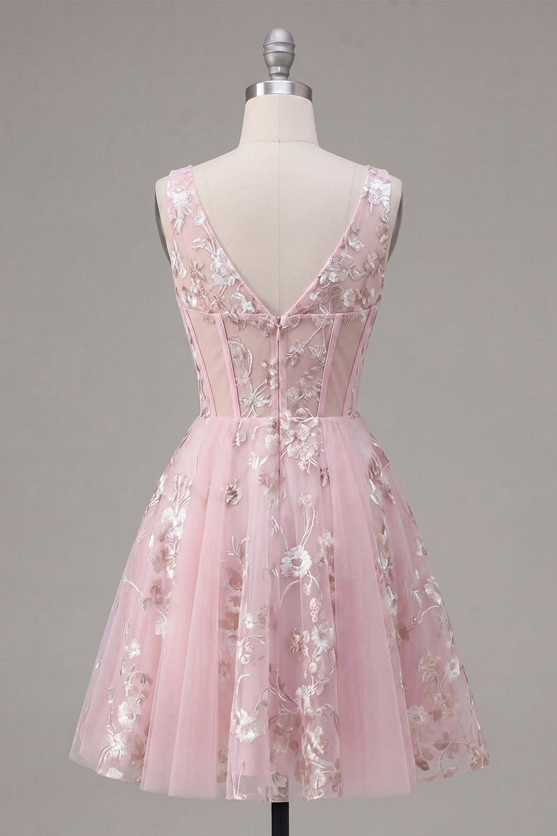 Laden Sie das Bild in den Galerie-Viewer, A-Linie V-Ausschnitt Pinkes Korsett Floral Kurzes Abendkleid