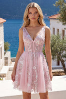 Laden Sie das Bild in den Galerie-Viewer, A-Linie V-Ausschnitt Pinkes Korsett Floral Kurzes Abendkleid
