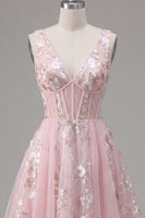 Laden Sie das Bild in den Galerie-Viewer, A-Linie V-Ausschnitt Pinkes Korsett Floral Kurzes Abendkleid