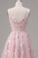 Laden Sie das Bild in den Galerie-Viewer, A-Linie V-Ausschnitt Pinkes Korsett Floral Kurzes Abendkleid