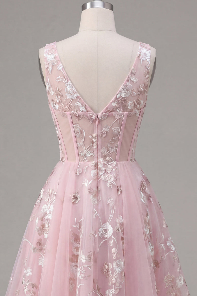 Laden Sie das Bild in den Galerie-Viewer, A-Linie V-Ausschnitt Pinkes Korsett Floral Kurzes Abendkleid
