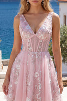 Laden Sie das Bild in den Galerie-Viewer, A-Linie V-Ausschnitt Pinkes Korsett Floral Kurzes Abendkleid