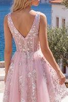 Laden Sie das Bild in den Galerie-Viewer, A-Linie V-Ausschnitt Pinkes Korsett Floral Kurzes Abendkleid