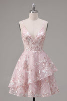 Laden Sie das Bild in den Galerie-Viewer, A-Line Rosa Korsett-Spaghettiträger Blumen Kurzes Abendkleid