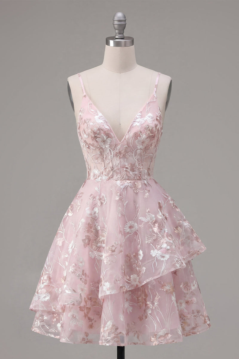 Laden Sie das Bild in den Galerie-Viewer, A-Line Rosa Korsett-Spaghettiträger Blumen Kurzes Abendkleid
