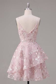A-Line Rosa Korsett-Spaghettiträger Blumen Kurzes Abendkleid