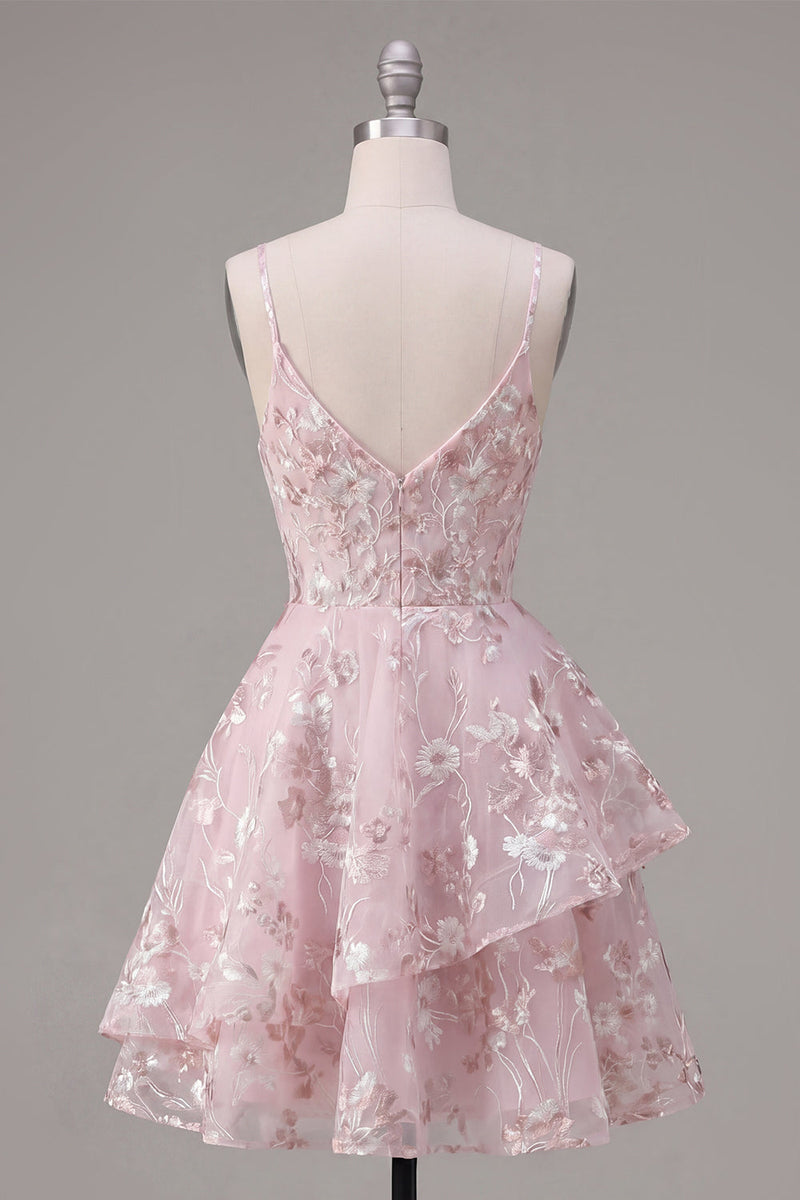 Laden Sie das Bild in den Galerie-Viewer, A-Line Rosa Korsett-Spaghettiträger Blumen Kurzes Abendkleid