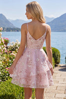 Laden Sie das Bild in den Galerie-Viewer, A-Line Rosa Korsett-Spaghettiträger Blumen Kurzes Abendkleid