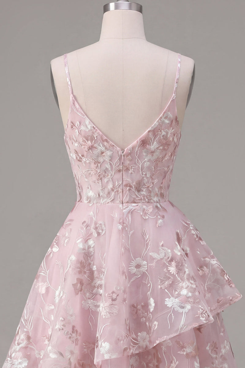 Laden Sie das Bild in den Galerie-Viewer, A-Line Rosa Korsett-Spaghettiträger Blumen Kurzes Abendkleid