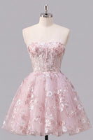 Laden Sie das Bild in den Galerie-Viewer, Trägerloses A-Linie rosa Korsett Floral Kurzes Abendkleid