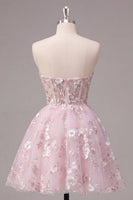 Laden Sie das Bild in den Galerie-Viewer, Trägerloses A-Linie rosa Korsett Floral Kurzes Abendkleid