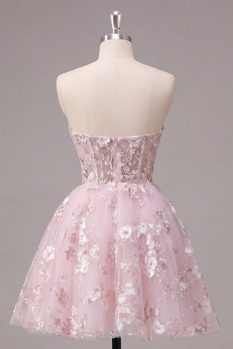 Laden Sie das Bild in den Galerie-Viewer, Trägerloses A-Linie rosa Korsett Floral Kurzes Abendkleid