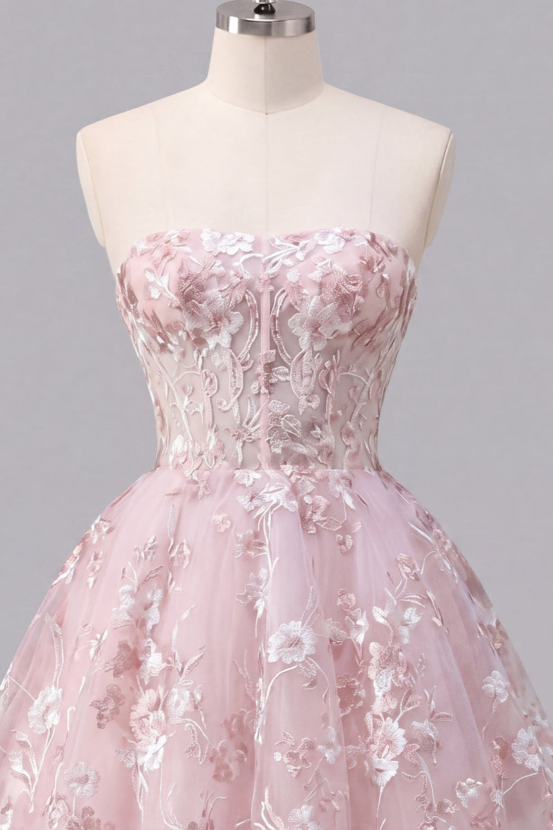 Laden Sie das Bild in den Galerie-Viewer, Trägerloses A-Linie rosa Korsett Floral Kurzes Abendkleid