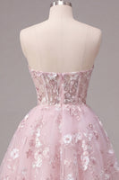 Laden Sie das Bild in den Galerie-Viewer, Trägerloses A-Linie rosa Korsett Floral Kurzes Abendkleid