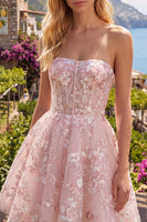 Laden Sie das Bild in den Galerie-Viewer, Trägerloses A-Linie rosa Korsett Floral Kurzes Abendkleid