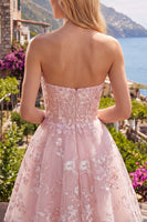 Laden Sie das Bild in den Galerie-Viewer, Trägerloses A-Linie rosa Korsett Floral Kurzes Abendkleid
