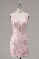 Laden Sie das Bild in den Galerie-Viewer, Rosa Korsett Bodycon Spaghettiträger Blumen Kurzes Abendkleid