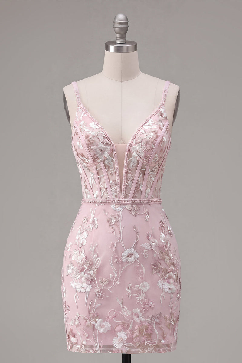 Laden Sie das Bild in den Galerie-Viewer, Rosa Korsett Bodycon Spaghettiträger Blumen Kurzes Abendkleid