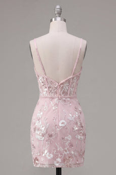 Rosa Korsett Bodycon Spaghettiträger Blumen Kurzes Abendkleid