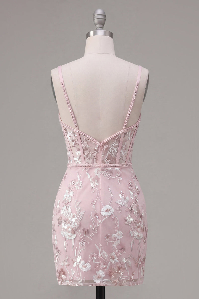 Laden Sie das Bild in den Galerie-Viewer, Rosa Korsett Bodycon Spaghettiträger Blumen Kurzes Abendkleid