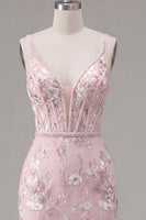 Laden Sie das Bild in den Galerie-Viewer, Rosa Korsett Bodycon Spaghettiträger Blumen Kurzes Abendkleid