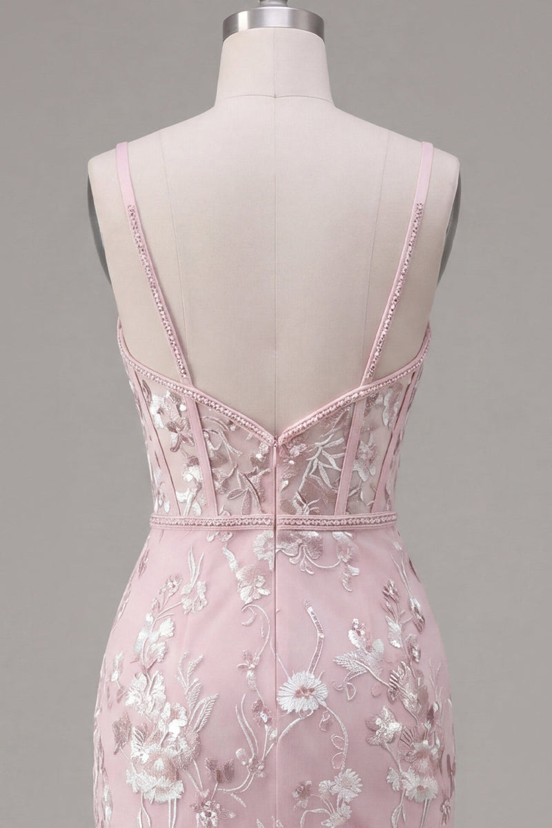 Laden Sie das Bild in den Galerie-Viewer, Rosa Korsett Bodycon Spaghettiträger Blumen Kurzes Abendkleid