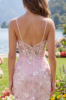 Laden Sie das Bild in den Galerie-Viewer, Rosa Korsett Bodycon Spaghettiträger Blumen Kurzes Abendkleid