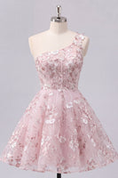 Laden Sie das Bild in den Galerie-Viewer, Ein Schulter pinkes Korsett A-Linie Blumen Kurzes Abendkleid mit einer Schulter