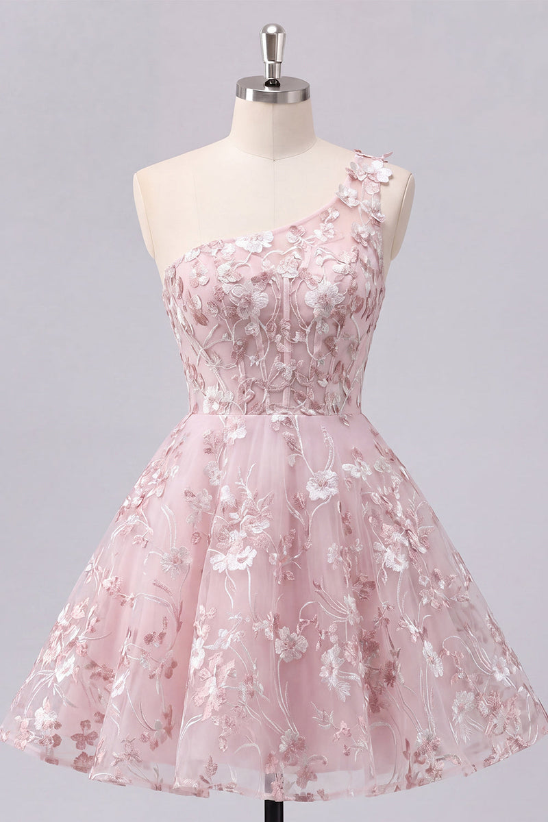 Laden Sie das Bild in den Galerie-Viewer, Ein Schulter pinkes Korsett A-Linie Blumen Kurzes Abendkleid mit einer Schulter