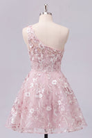 Laden Sie das Bild in den Galerie-Viewer, Ein Schulter pinkes Korsett A-Linie Blumen Kurzes Abendkleid mit einer Schulter