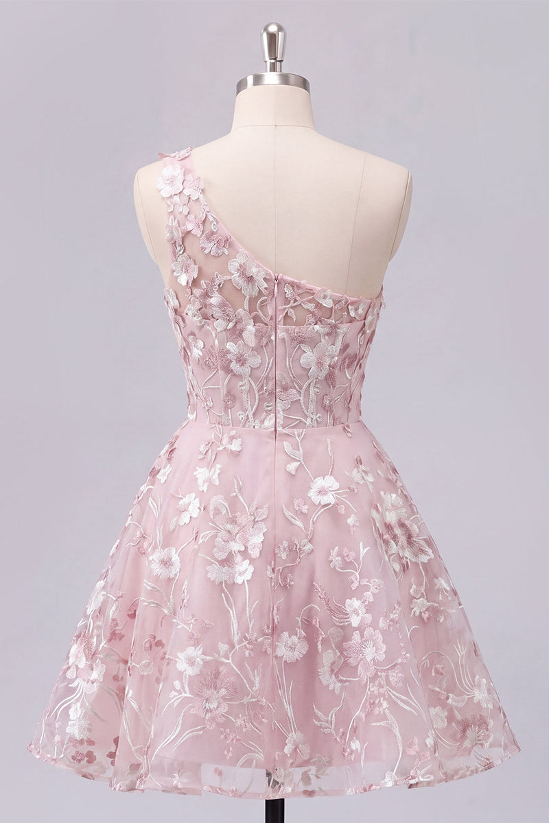 Laden Sie das Bild in den Galerie-Viewer, Ein Schulter pinkes Korsett A-Linie Blumen Kurzes Abendkleid mit einer Schulter