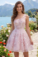 Laden Sie das Bild in den Galerie-Viewer, Ein Schulter pinkes Korsett A-Linie Blumen Kurzes Abendkleid mit einer Schulter
