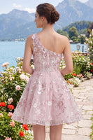 Laden Sie das Bild in den Galerie-Viewer, Ein Schulter pinkes Korsett A-Linie Blumen Kurzes Abendkleid mit einer Schulter