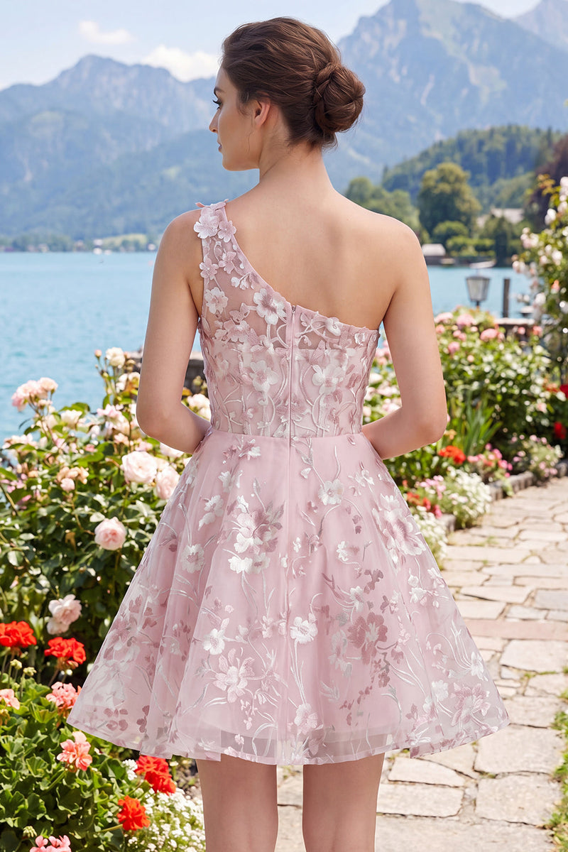 Laden Sie das Bild in den Galerie-Viewer, Ein Schulter pinkes Korsett A-Linie Blumen Kurzes Abendkleid mit einer Schulter