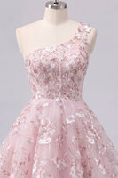 Laden Sie das Bild in den Galerie-Viewer, Ein Schulter pinkes Korsett A-Linie Blumen Kurzes Abendkleid mit einer Schulter